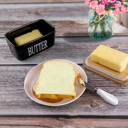 Miniatura 3 de Hasense Mantequillera de porcelana con tapa de bambú – Mantequera cubierta con cuchillo de mantequilla para encimera, recipiente hermético