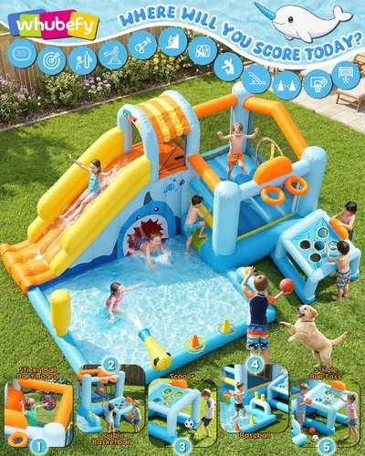 Miniatura 2 de Toboganes acuáticos inflables 24 en 1 con diseño de cueva de tiburón de unicornio, casa de rebote para patio trasero de niños con soplador, piscina