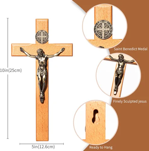 Miniatura 2 de ACHIBANG Crucifijo católico de madera de 10 pulgadas con medalla de Jesús y San Benito, decoración religiosa de madera natural para sala de oración