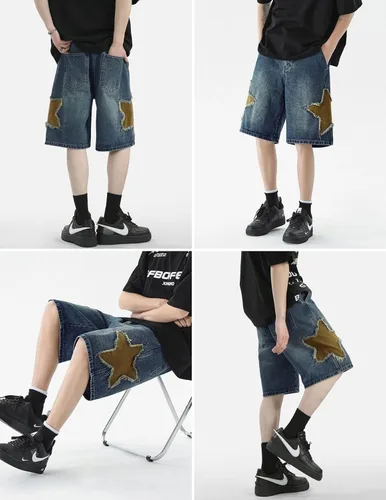 Miniatura 2 de Vamtac Pantalones cortos de mezclilla para hombre, diseño de retazos de estrellas, tiro medio, casual, holgado, para verano, pantalones de mezclilla