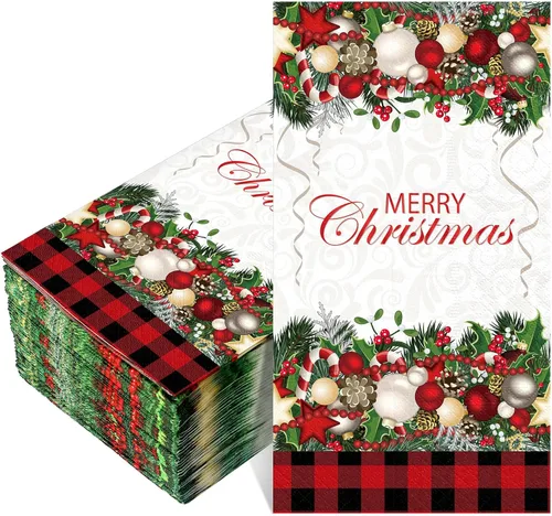 Cholemy 200 servilletas de papel desechables de papel de 2 capas, diseño de bola de árbol de Navidad, diseño de Papá Noel negro, para cocina y baño