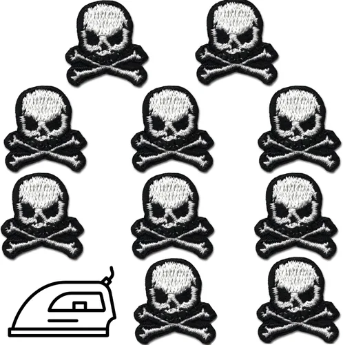Laughing Lizards Parches pequeños de calavera (paquete de 10) de calavera y huesos cruzados para planchar, planchar, pegar o coser a ropa,