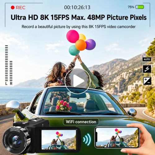 Miniatura 2 de Videocámara, videocámara 8K de 48 MP 15FPS UHD con Wi-Fi, cámara para vlogging con visión nocturna IR para YouTube, pantalla táctil de 3" con zoom