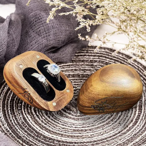 Miniatura 5 de Caja de madera para anillos para ceremonia de boda, caja de anillo en forma de corazón, caja de madera maciza con doble anillo, caja de anillo
