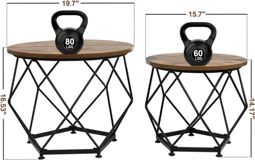 Miniatura 3 de Mesa auxiliar pequeña, juego de 2 mesas auxiliares redondas con mesa de madera y marco de metal, mesa auxiliar moderna, mesas auxiliares para sala