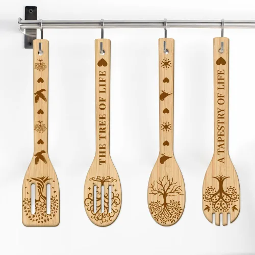 Miniatura 7 de GLOBLELAND Juego de 6 cucharas de madera del árbol de la vida, juego de utensilios de cocina de bambú para mujeres y hombres, juego de espátulas