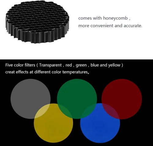 Miniatura 4 de Neewer Kit de Snoot cónico de aleación de aluminio mediano con rejilla de panal y 5 filtros de gel de color para Bowens Mount Studio Strobe