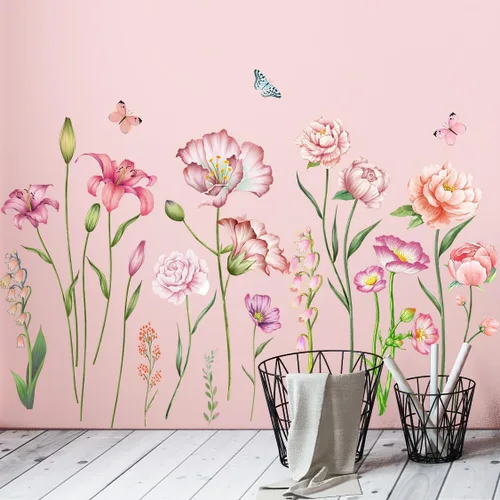 Amaonm - Adhesivo de pared extraíble de flores frescas y mariposa voladora, libélula azul, rosa, lirio, amapola, peonía, floral, calcomanía de pared
