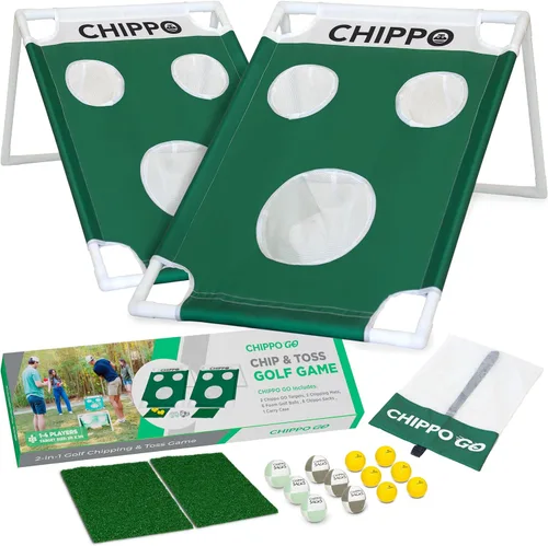 Chippo GO Juego de astillado de golf portátil para patio trasero – Juego de golf 2 en 1 para césped, playa y portón trasero (2 objetivos,