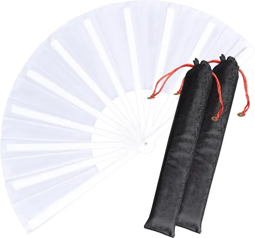 Miniatura 8 de Paquete de 2 ventiladores de mano plegables grandes, ventilador chino negro de Kung Fu Tai Chi, abanicos de tela de nailon para hombres y mujeres