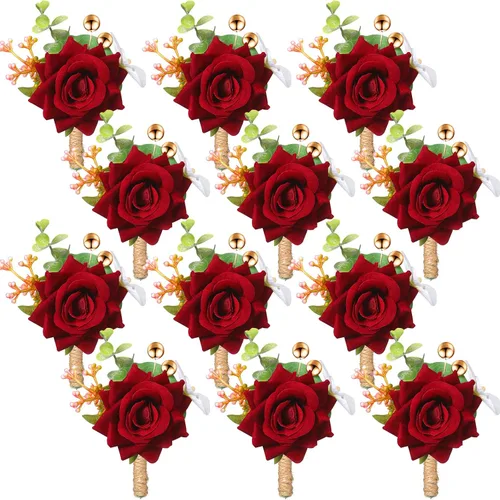 Sherr Juego de 24 boutonniere burdeos para hombre, diseño de rosa para boda, bolsillo con alfileres, para novio, padrinos de boda, ramillete, traje