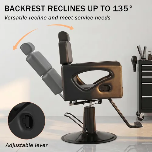 Miniatura 6 de All Black Salon Chair, Professional Hydraulic Barber Hair Styling Chair with 360° Swivel 135° Reclining, Multi-Function Braiding Hairdresser Chairs