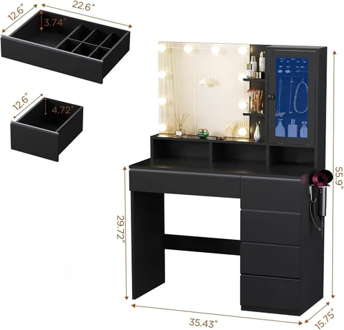 Miniatura 7 de ERLEJIA Escritorio de tocador con espejo de luces LED, mesa de maquillaje con toma de corriente para mujeres y niñas, escritorio de maquillaje