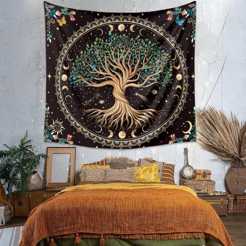 Miniatura 2 de Tapiz de árbol de la vida de fase lunar, naturaleza, flores, plantas, mariposas, tapices bohemios, mandala espiritual, tapiz estético para colgar