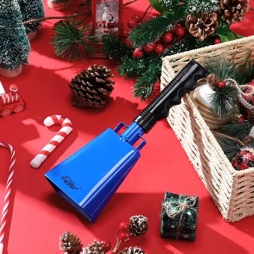 Miniatura 6 de Paquete de 3 campanas de vaca azules con asas, campana de animación para eventos deportivos, juegos de fútbol, escuela sólida grande, instrumentos