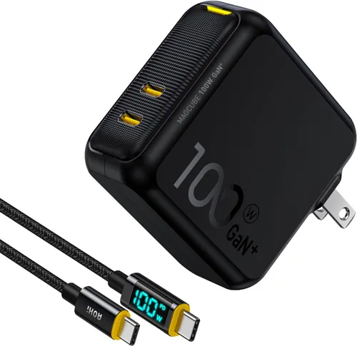 AOHI Cargador USB C de 100 W GaN+, 2 puertos tipo C PD cargador de pared plegable con cable de pantalla LED USB C de 4 pies para MacBook Pro/Air,