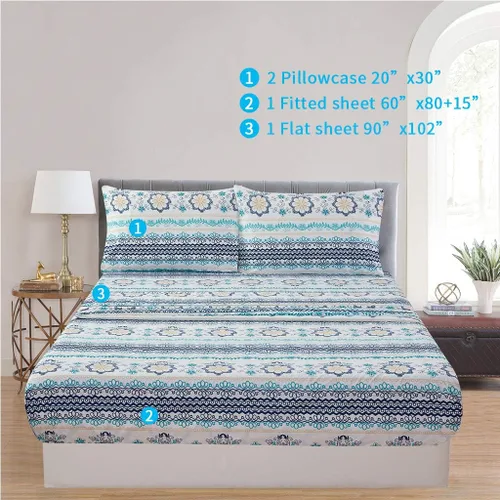 Miniatura 2 de JSD - Juego de sábanas tamaño queen de microfibra suave con estampado floral bohemio azul, 4 piezas, esquinas tipo bolsillos extraprofundos Floral 3