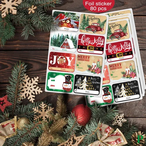 Miniatura 5 de Etiquetas adhesivas de regalo de Navidad de gran tamaño de 80 unidades con papel brillante, 8 diseños jumbo - Etiqueta de Navidad para envolver
