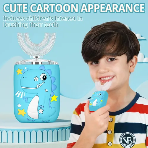 Miniatura 3 de Cepillo de dientes eléctrico en forma de U para niños, dinosaurio sónico, de boca completa, con 4 cabezales de cepillo suave, automático, 6 modos