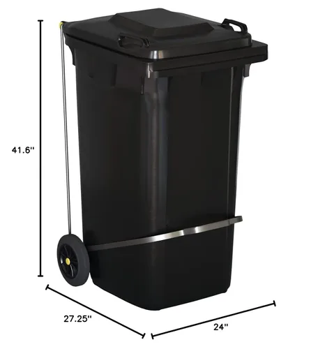 Miniatura 5 de Bote de basura rectangular con ruedas negras de 50 galones para exteriores con tapa y accesorio de paso, eliminación manos libres para uso comercial