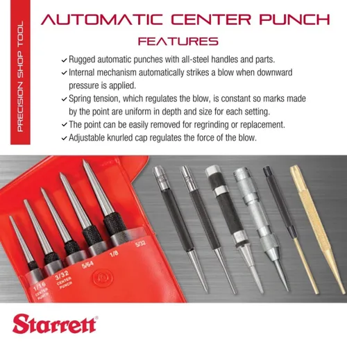 Miniatura 2 de Starrett 18A Perforadora para centro automática con trazo ajustable - 5" de longitud, 9/16" de diámetro de punzón, mango de acero estriado y liviano