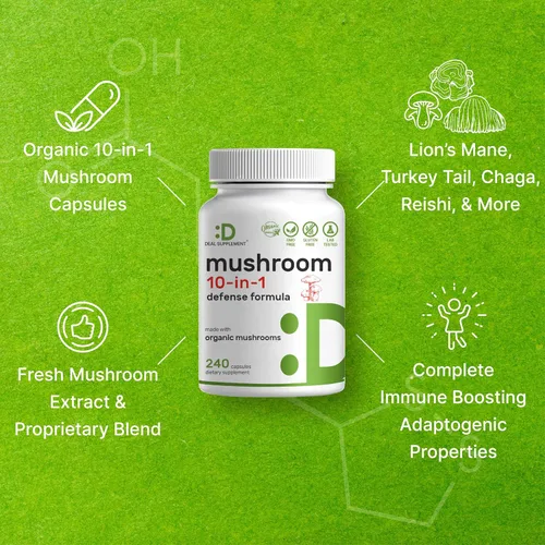 Miniatura 4 de Suplemento orgánico de hongos 10 en 1, 240 cápsulas – Melena de león, cola de pavo, reishi, cordyceps y más complejo de hongos – Apoyo inmunológico