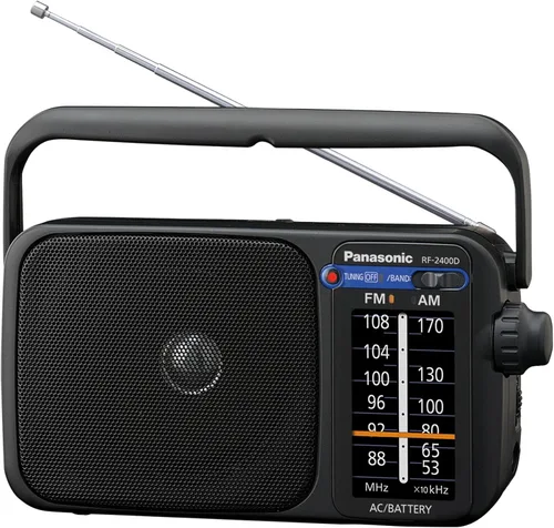 Panasonic Radio AM/FM portátil, radio analógica a pilas, alimentación por CA, negro (RF-2400-K)
