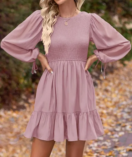 Miniatura 3 de ZESICA Women's 2024 Fall Dress Long Sleeve Smocked Casual Crew Neck Tiered Flowy Wedding Party Mini Dresses