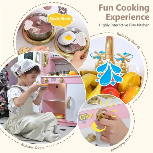 Miniatura 4 de Kinder King Cocina de madera para niños, juego de cocina de juguete para niños pequeños, horno de simulación, microondas, teléfono, pizarra, puertas