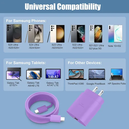 Miniatura 4 de Cable de carga súper rápida de 25W Tipo C con bloque y cable cargador USB C de 10 pies para teléfono Android Samsung Galaxy S25/S24 Púrpura