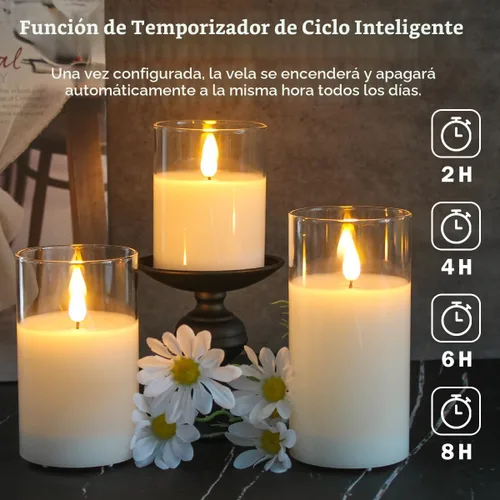 Miniatura 2 de LEDHOLYT Velas recargables de cristal sin llama, regalos para mujeres, juego de 3, luz LED parpadeante realista, control remoto y temporizador