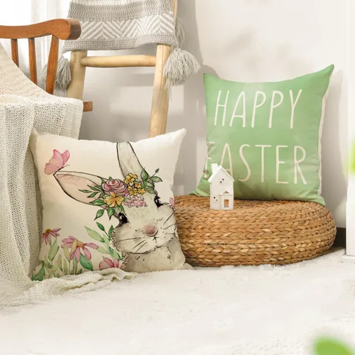 Miniatura 4 de AVOIN colorlife Juego de 4 fundas de almohada verdes de conejo de Pascua feliz de Pascua, 16 x 16 pulgadas, diseño de conejito de Pascua para sofá