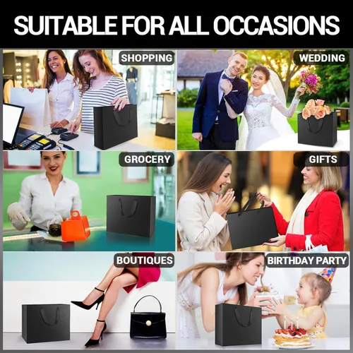 Miniatura 5 de EUSOAR Bolsas de papel de regalo de tamaño pequeño, paquete de 25 bolsas de papel negro resistentes de 8.6 x 3.9 x 7 pulgadas con asas a granel