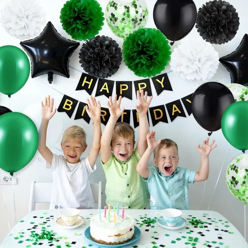Miniatura 5 de Decoraciones de cumpleaños para hombres, suministros de decoración de fiesta verde y negro, incluyendo pancarta de feliz cumpleaños, confeti, globos