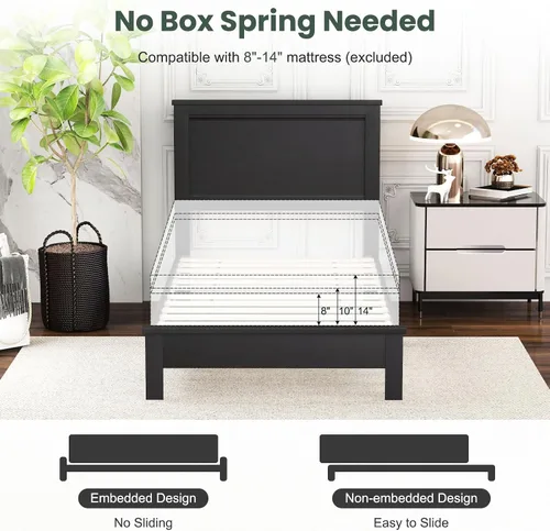 Miniatura 6 de Giantex Base de cama de plataforma de madera individual con cabecero, marco de cama de mediados de siglo con patas de madera maciza y soporte