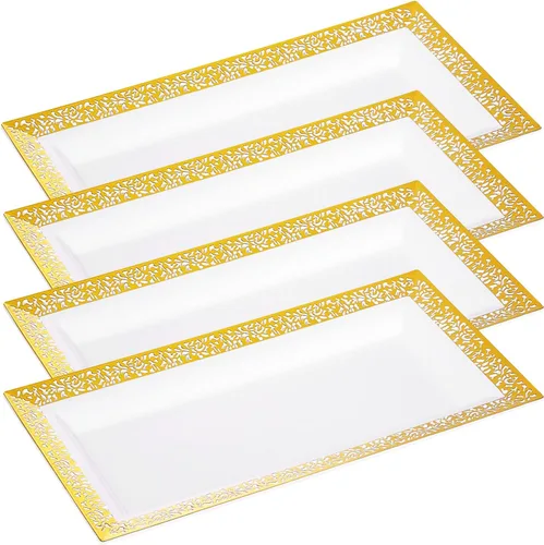 Miniatura 12 de Bandeja de Servir de Plástico Transparente (Paquete de 4) Bandejas y Platos Desechables Transparentes con Borde Dorado para Servir Alimentos