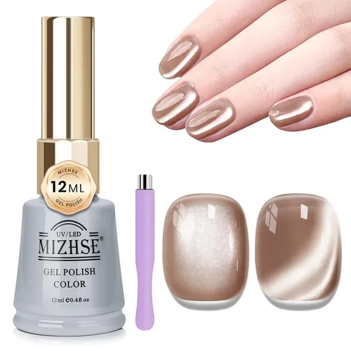 Miniatura 10 de MIZHSE Esmalte de uñas de gel de cristal de gelatina marrón, ojo de gato, 0.4 fl oz, esmalte de gel holográfico con purpurina UV LED, gel magnético