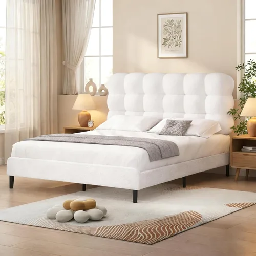 Miniatura 9 de Base de cama individual BarnFurin, cama plataforma con cabecero tapizado, base de cama de tela de bouclé suave con soporte de listones de madera