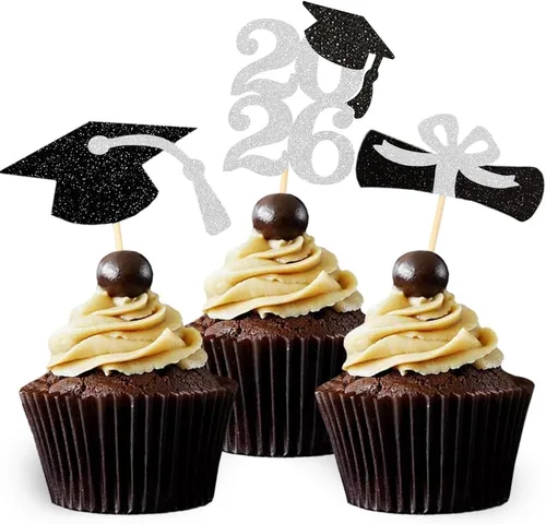 Miniatura 10 de Decoración para cupcakes de graduación con purpurina azul 2026, selecciones de alimentos/aperitivos, suministros de fiesta de graduación de 2026