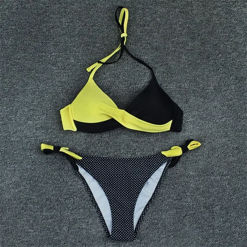 Miniatura 4 de Traje de baño de bikini con efecto push up para mujer, con tirantes delgados, parte delantera con cuello halter, parte superior triangular, sexy