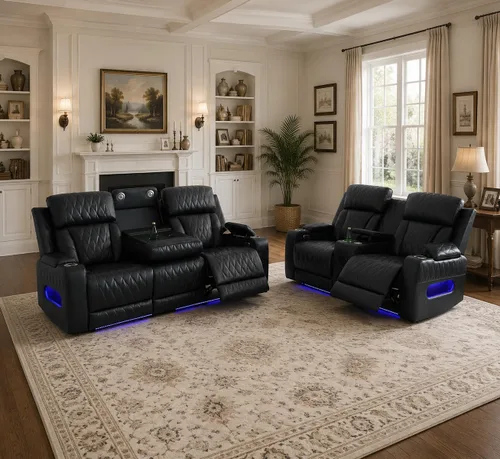 Miniatura 10 de Pon Living - Lujoso juego de sofá reclinable de cuero con LED, juego de sofá reclinable eléctrico, juegos de muebles de sala con portavasos/puerto
