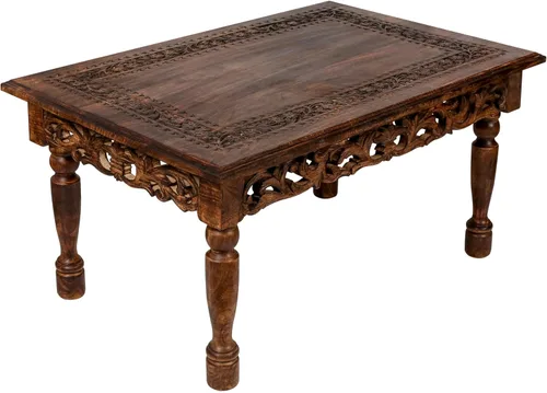 Mesa de café rectangular de madera con talla Jali, mesa de café estilo granja, mesa rústica central, estilo de mediados de siglo, muebles rústicos y