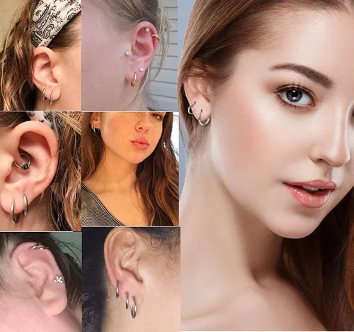 Miniatura 5 de 7 pares de aretes de aro de acero inoxidable quirúrgico 316L para mujeres y hombres, chapados en oro de 18 quilates, aretes de aro pequeños