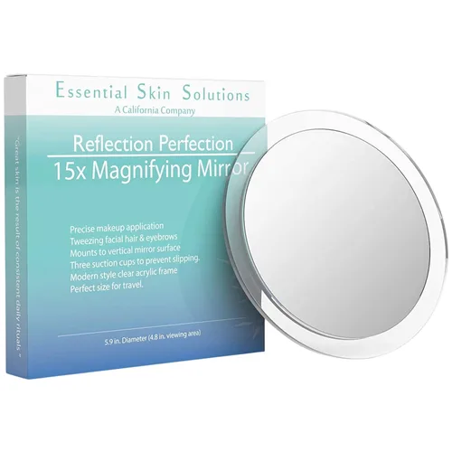 Espejo de aumento 15X – Uso para aplicación de maquillaje – Pinzas – y eliminación de puntos negros/manchas – Espejo redondo de 6 pulgadas con tres