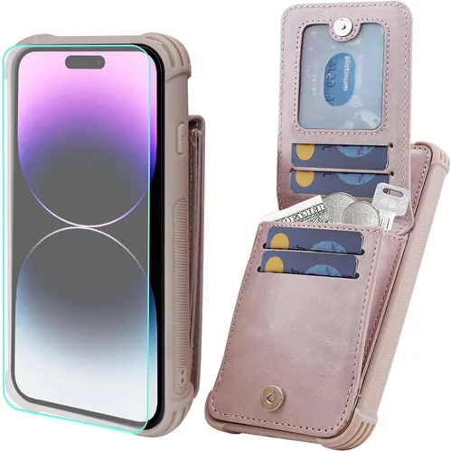 Miniatura 13 de VANAVAGY Funda tipo cartera compatible con iPhone 14 Pro para mujeres y hombres, de piel sintética, cierre magnético, con bloqueo RFID, tarjetero