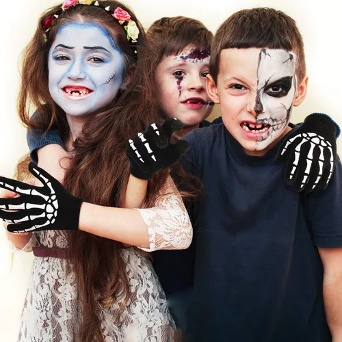 Miniatura 7 de Cooraby 3 pares de guantes de esqueleto para pantalla táctil, para Halloween, que brillan en la oscuridad, guantes de hueso de calavera de dedo