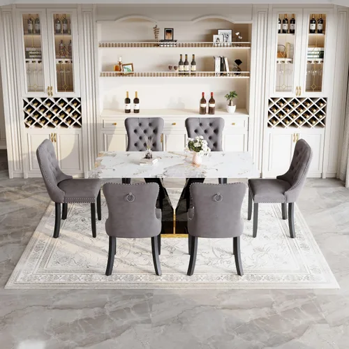 Miniatura 18 de Juego de mesa de comedor de 71 pulgadas para 6, moderno juego de mesa de comedor para 6, mesa de comedor de mármol con 6 sillas de comedor de piel