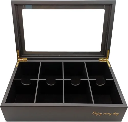 BJOYFUL&LOVED BJL Organizador de bolsitas de té, caja de té de madera con 8 compartimentos, soporte de gran capacidad para almacenamiento, Negro