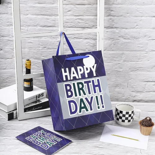 Miniatura 3 de Loveinside Bolsa de regalo a cuadros azul marino con texto en inglés «Happy Birthday» impresa, tamaño mediano con papel de seda, etiqueta, tarjeta