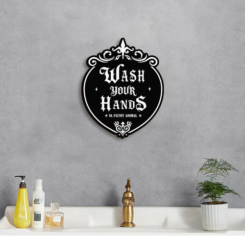 Miniatura 6 de Kercan Arte de pared gótico de madera, 9.6 x 11.8 pulgadas, letrero de pared con texto en inglés "Wash Your Hands", decoración del hogar de brujas
